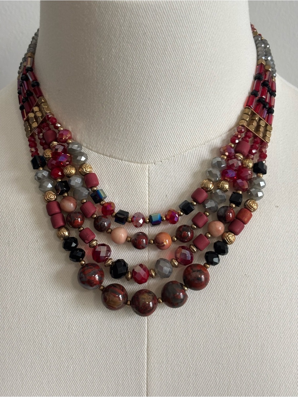 Multistrand Red Beaded Statement Necklace - Unbranded 19in